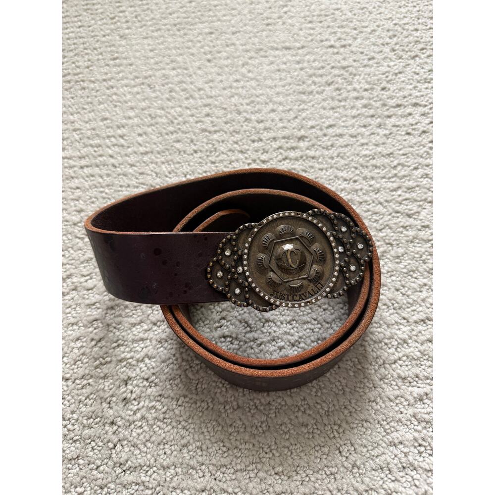 Roberto Cavalli Brown Leather Belt Large Ornate Studded Western Buckle Distress